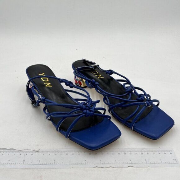 YDN Women Strappy Knot Square Toe Sandals Rhinestone Studded Chunky Low Heel - Picture 2 of 8